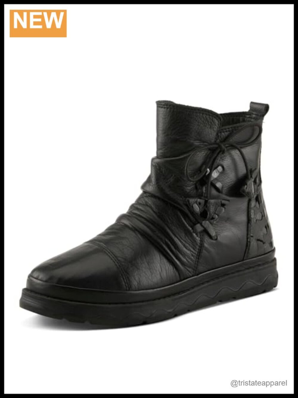 Genuine Leather Ankle Bootie with Ruched Design and Elastic Laces